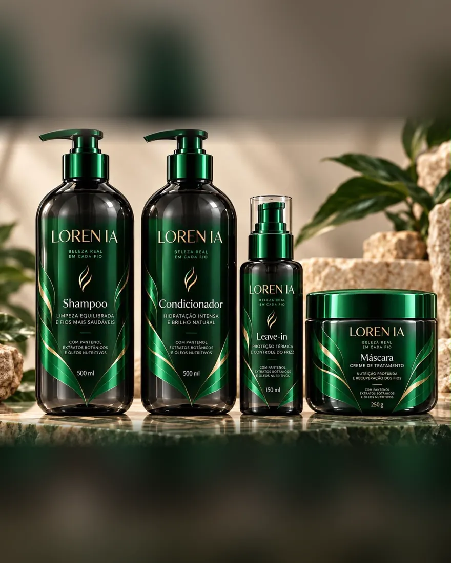 Essencial line: shampoo, conditioner, leave-in and mask in green bottles