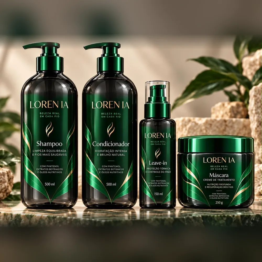 Essencial line: shampoo, conditioner, leave-in and mask in green and gold bottles