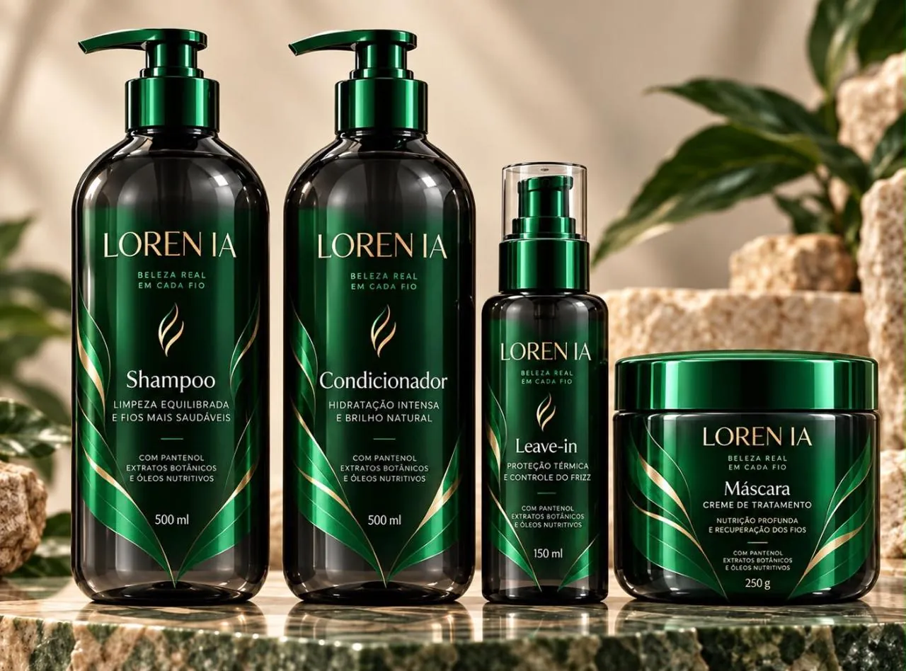 LOREN IA Essencial line: shampoo, conditioner, leave-in and mask in green bottles