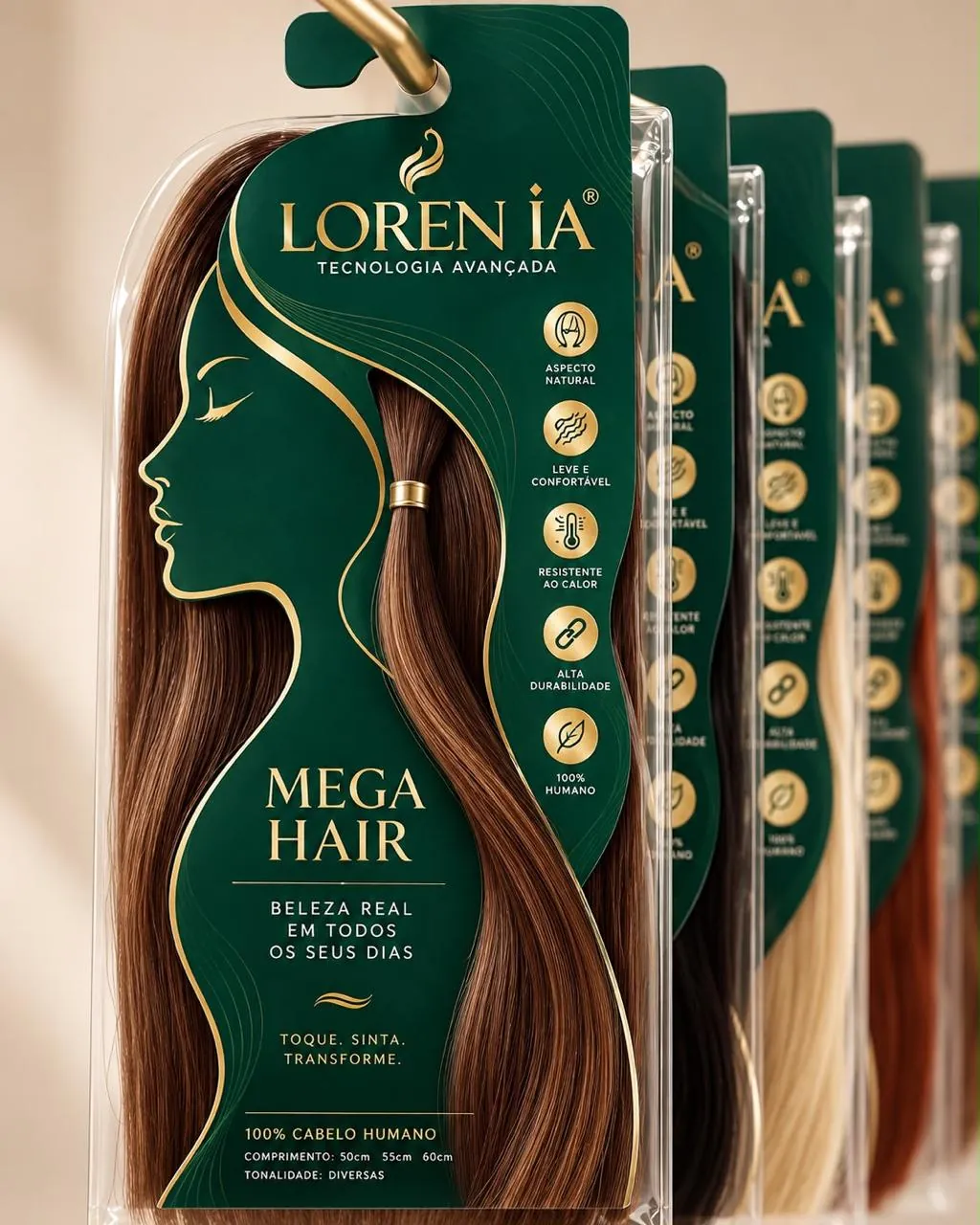 LOREN IA Mega Hair packaging with a woman's silhouette in green and gold