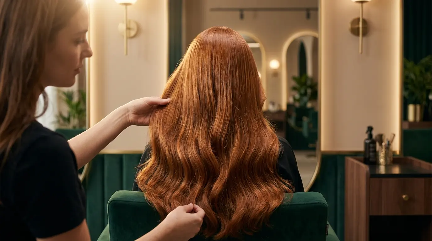 Salon professional adjusting a red wig on a client, in a salon with a green armchair